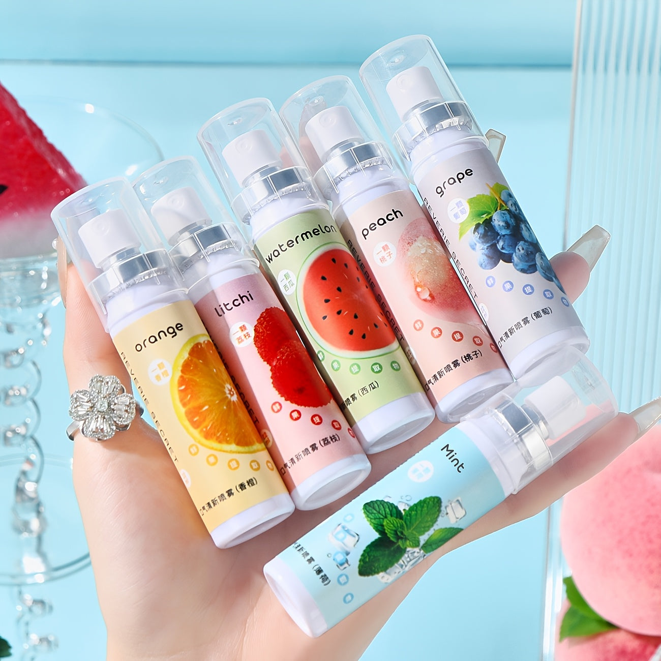 Spray Désinfectant- Pack de 6(Menthe, Pêche, Raisin, Litchi, Pastèque, Orange)